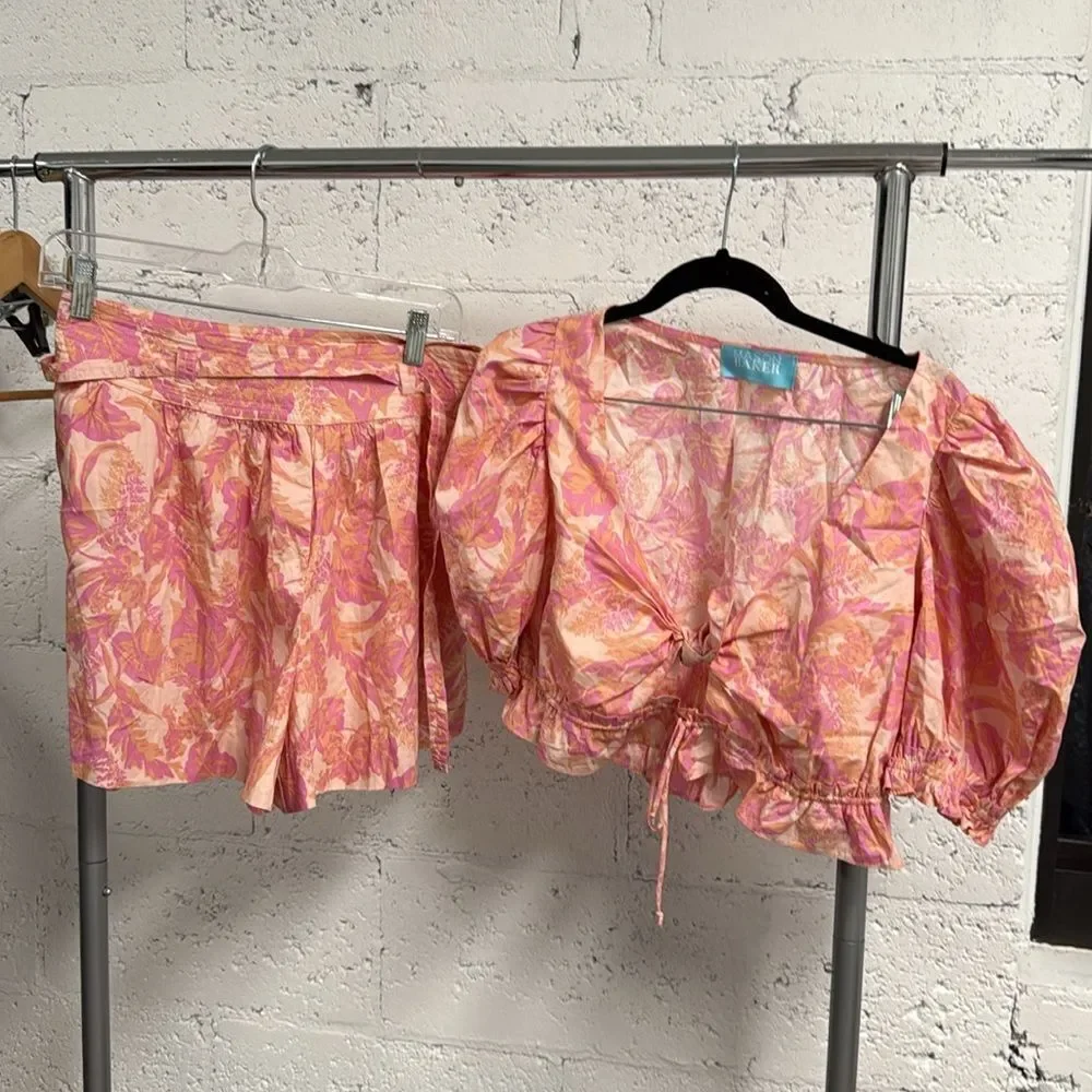 Floral Pink and Orange Skirt Mason Baker Set - Shorts & Crop - Size Large - NWOT